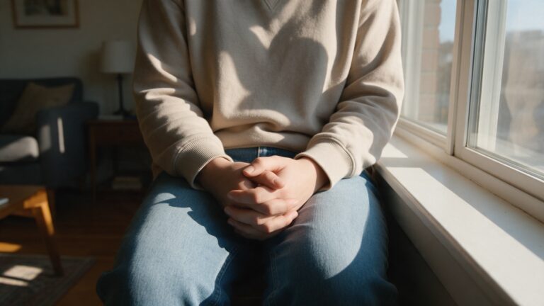 Wyrzuty sumienia: skąd się biorą i jak sobie z nimi poradzić 1 Osoba siedząca przy oknie w ciepłym świetle, z dłońmi splecionymi na kolanach